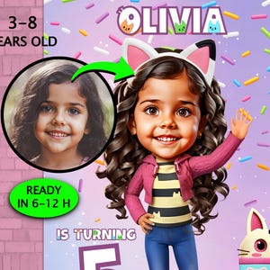 Invito di compleanno personalizzato ispirato alla casa delle bambole di Gabby • Ritratto animato in 3D da foto • Invito personalizzato per la festa di una ragazza gatto