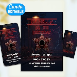 Paquete de fiesta de cumpleaños retro de los 80 editable en Canva, tarjeta telefónica, agradecimiento