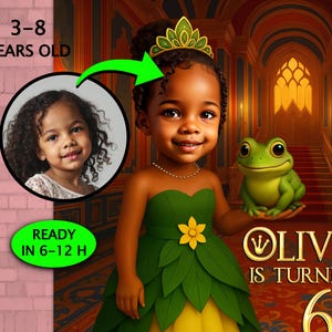 Convite personalizado com retrato 3D da Princesa Tiana • Cartão de aniversário da Princesa e o Sapo • Festa mágica do Bayou • Convite de aniversário da Princesa Negra