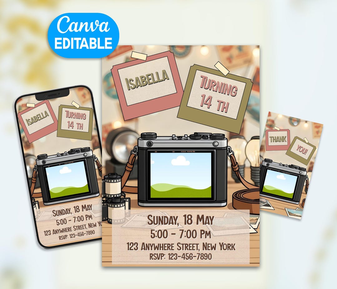 Retro Camera Birthday Invitation Bundle Editable in Canva, Party Invite ...
