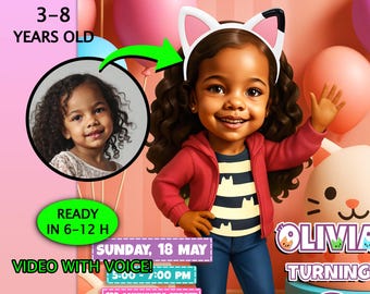 Black Gabby Birthday Invitation • Video 3D Cartoon Portrait • Voiced Invite for Black Girls • Personalized Black Gabby Invite From Photo
