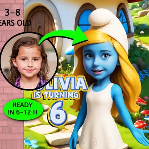 Faire-part de fête inspiré des Schtroumpfettes • Portrait de dessin animé 3D • Faire-part d'anniversaire de fille personnalisé • Téléchargement numérique • Réalisé à partir de votre photo • Faire-part