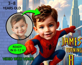 Custom Spider Hero Birthday Invitation • 3D-Style Portrait from Photo • Speaking Invite • Boy Super Hero • Spider Video Invitation • 12h