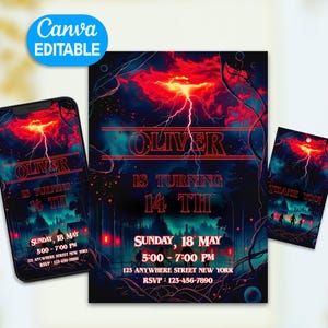 Retro Stranger Birthday Invitation Bundle Editable in Canva, Party Invite Set