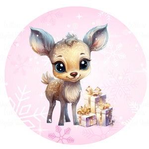 Mignon bébé cerf et cadeaux avec fond enneigé téléchargement de conception numérique ~ image PNG de sublimation ~ Licence commerciale incluse