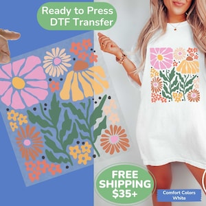 Retro Floral Collage Direct to Film Transfer, Ready to Press DTF, Artistic Floral Full Color DTF, Stylized Groovy Flowers Graphic Transfer
