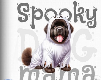 Peut inclure: Une illustration numérique d'un chien habillé en fantôme. Le chien porte un costume de fantôme blanc avec une capuche et un visage noir. Le texte "Spooky Dog Mama" est écrit dans une police de caractères grise dessinée à la main.