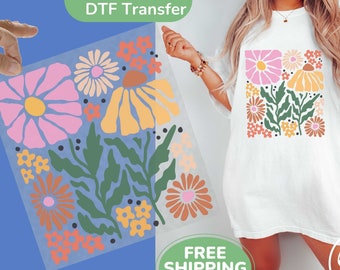 Retro Floral Collage Direct to Film Transfer, Ready to Press DTF, Artistic Floral Full Color DTF, Stylized Groovy Flowers Graphic Transfer