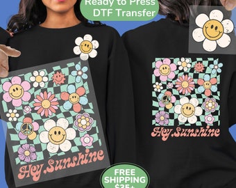 Retro "Hey Sunshine" Direct to Film Transfers, Cute Front & Back Ready to Press DTF, Trendy Summer DTF Heat Transfers, Groovy Summertime DTF