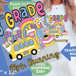 Personalized 8th Grade Teacher Direct to Film Transfer, Custom Eighth Grade Teacher DTF, Retro Back to School DTF Transfer for Teacher Teams