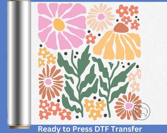 Retro Floral Collage Direct to Film Transfer, Ready to Press DTF, Artistic Floral Full Color DTF, Stylized Groovy Flowers Graphic Transfer