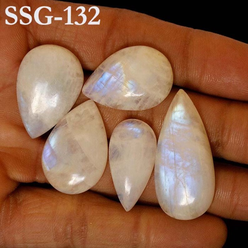 Natural Rainbow Moonstone Cabochon Wholesale Lot, Mix Shapes and Size Rainbow Moonstone Cabochon for Jewelry and Craft Making , Moonstone SSG-132 5Pcs. 136CTS