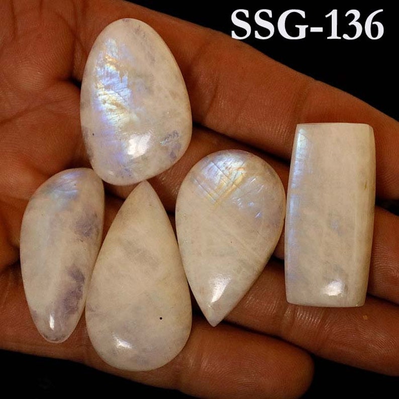 Natural Rainbow Moonstone Cabochon Wholesale Lot, Mix Shapes and Size Rainbow Moonstone Cabochon for Jewelry and Craft Making , Moonstone SSG-136 5Pcs  266CTS