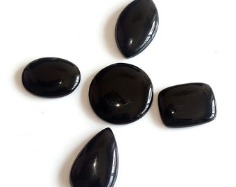 5 Pcs 200Cts. Natural Black Onyx Cabochon , Flat Straight Edge , Mix Shape Loose Gemstones , Black Onyx Stone , Gemstone For Jewelry Making