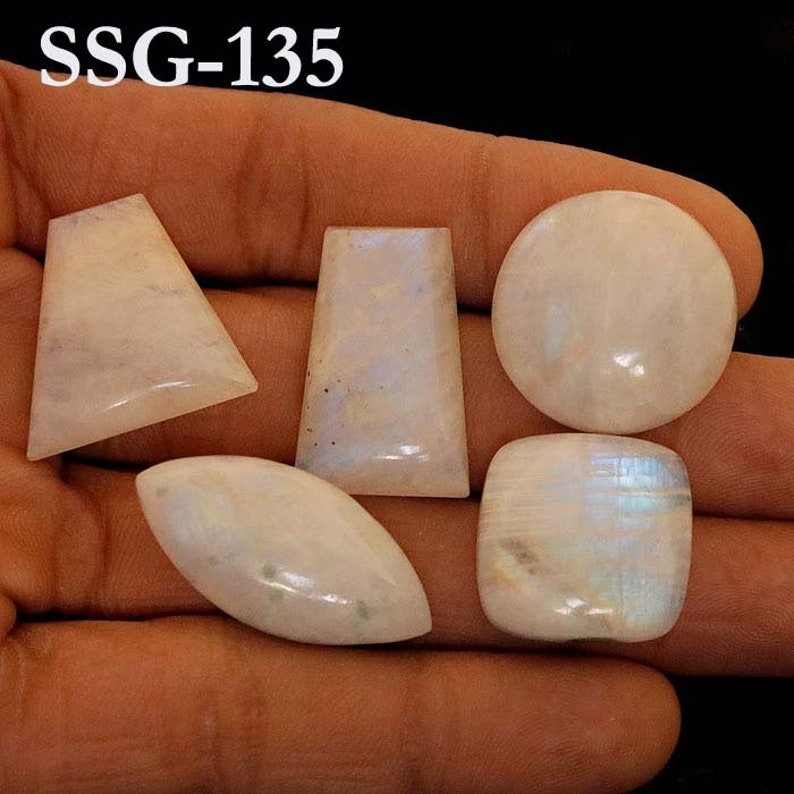 Natural Rainbow Moonstone Cabochon Wholesale Lot, Mix Shapes and Size Rainbow Moonstone Cabochon for Jewelry and Craft Making , Moonstone SSG-135 5 Pcs 178CTS