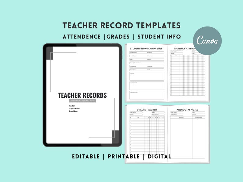 Teacher Record Templates | Editable Canva Teacher Planner | Attendance ...