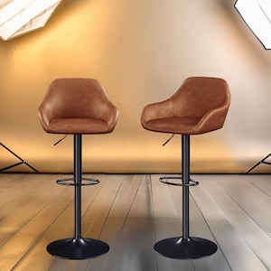 Set of 2 Vintage Bar Stools, Leather Counter Height, Adjustable Swivel Chairs with Back for Kitchen Island – Retro Brown, Black, Grey, Blue