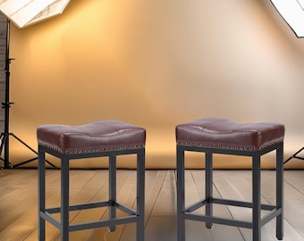 Set of 2 Saddle Stool, Counter Height Bar Stools, PU Leather Armless Chairs, Brown, Black Stools, Kitchen Island Grey Stools, Armless Chairs