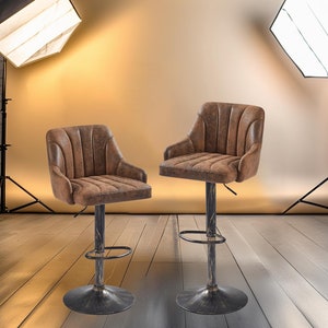 Set of 2 Adjustable Swivel Bar Stools – Leather Counter Height Chairs with Back for Kitchen & Dining – Retro Brown, Black, White, Grey