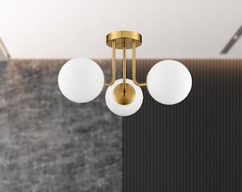 Modern Brass Gold 3-Light Ceiling Light, Globe light for Kitchen Island, Sputnik Light Fixture, Gold Light for Living Room Hallway