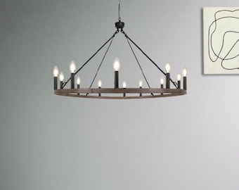 Farmhouse Wagon Wheel Chandelier, Pendant Light for Kitchen Island, Large Wooden Chandelier, Ceiling Light For Living Room, Bedroom, Office