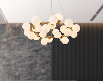 Modern Glass Globe Chandelier, Mid Century Pendant Light, Round Hanging Light Fixture, for Dining Room, Living Room, Kitchen Island Lighting