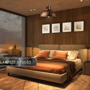 May include: A bedroom with a large bed with a brown comforter and a brown and beige headboard. The bed has a few pillows on it. There is a large window behind the bed with a view of a city skyline at sunset. There is a brown ceiling light fixture hanging from the ceiling above the bed. The text "LAMPIZE STUDIO" is visible in the lower left corner of the image.