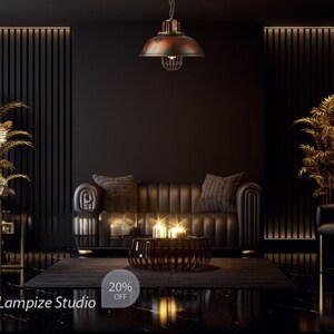 May include: A dark living room with a black leather sofa, a coffee table, and a hanging light fixture with a rusty metal shade. The room is decorated with plants and has a black and white tiled floor. The text "Lampize Studio" and "20% OFF" is visible in the image.