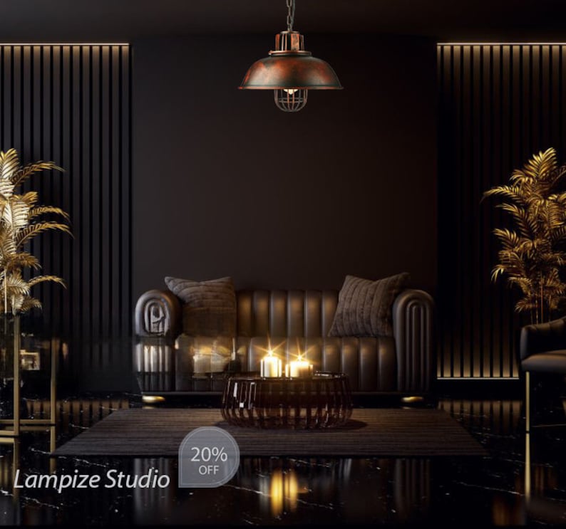 May include: A dark living room with a black leather sofa, a coffee table, and a hanging light fixture with a rusty metal shade. The room is decorated with plants and has a black and white tiled floor. The text "Lampize Studio" and "20% OFF" is visible in the image.