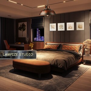 May include: A bedroom with a large bed with brown bedding and a brown leather ottoman. The bed has two pillows with a floral pattern. A rustic metal pendant light hangs from the ceiling. The room has a dark wood floor and a rug.