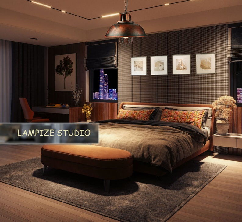 May include: A bedroom with a large bed with brown bedding and a brown leather ottoman. The bed has two pillows with a floral pattern. A rustic metal pendant light hangs from the ceiling. The room has a dark wood floor and a rug.