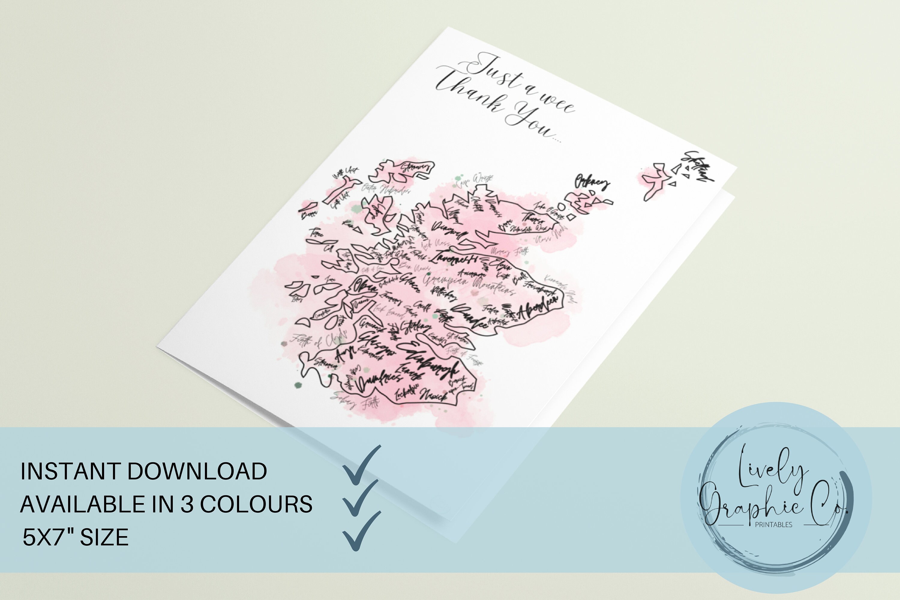 Scottish Thank You Card, Scotland Map Print, Scottish Greetings Card