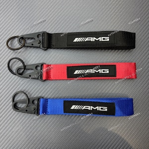 AMG Keychain Key Ring | Black Red Blue Fabric Strap with Metal Hook | Gift for Mercedes Benz AMG Owners Car Enthusiast Accessory