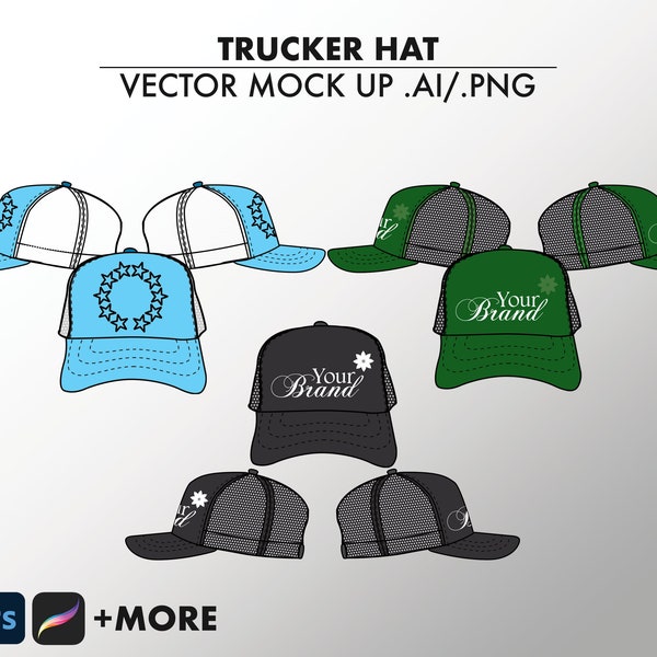 Trucker Hut Vektor Mockup Vorlage Adobe Illustrator Tech Pack Trucker Cap Mockup leer Kleidung Design Digitaler Download Procreate .PNG / .SVG