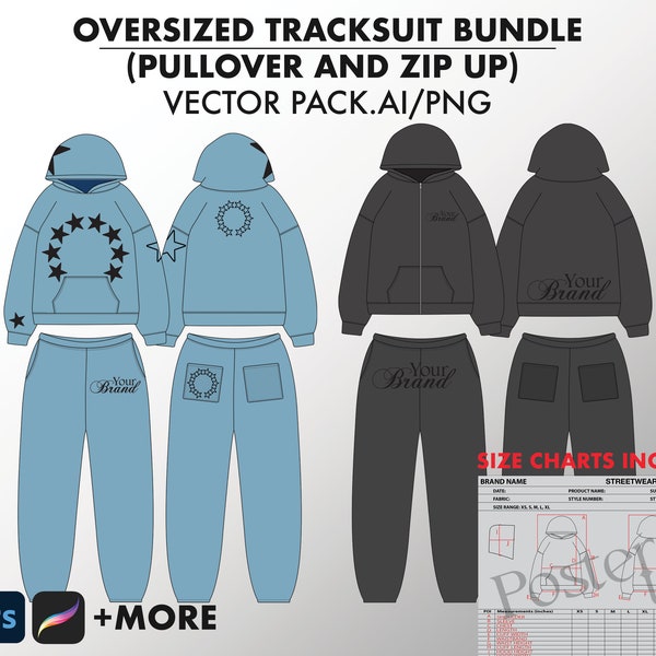 Streetwear Oversized Tracksuit Hoodie Template Joggers Vector Mockup Illustrator Template Procreate Vector Tech Pack Clothing Mockups