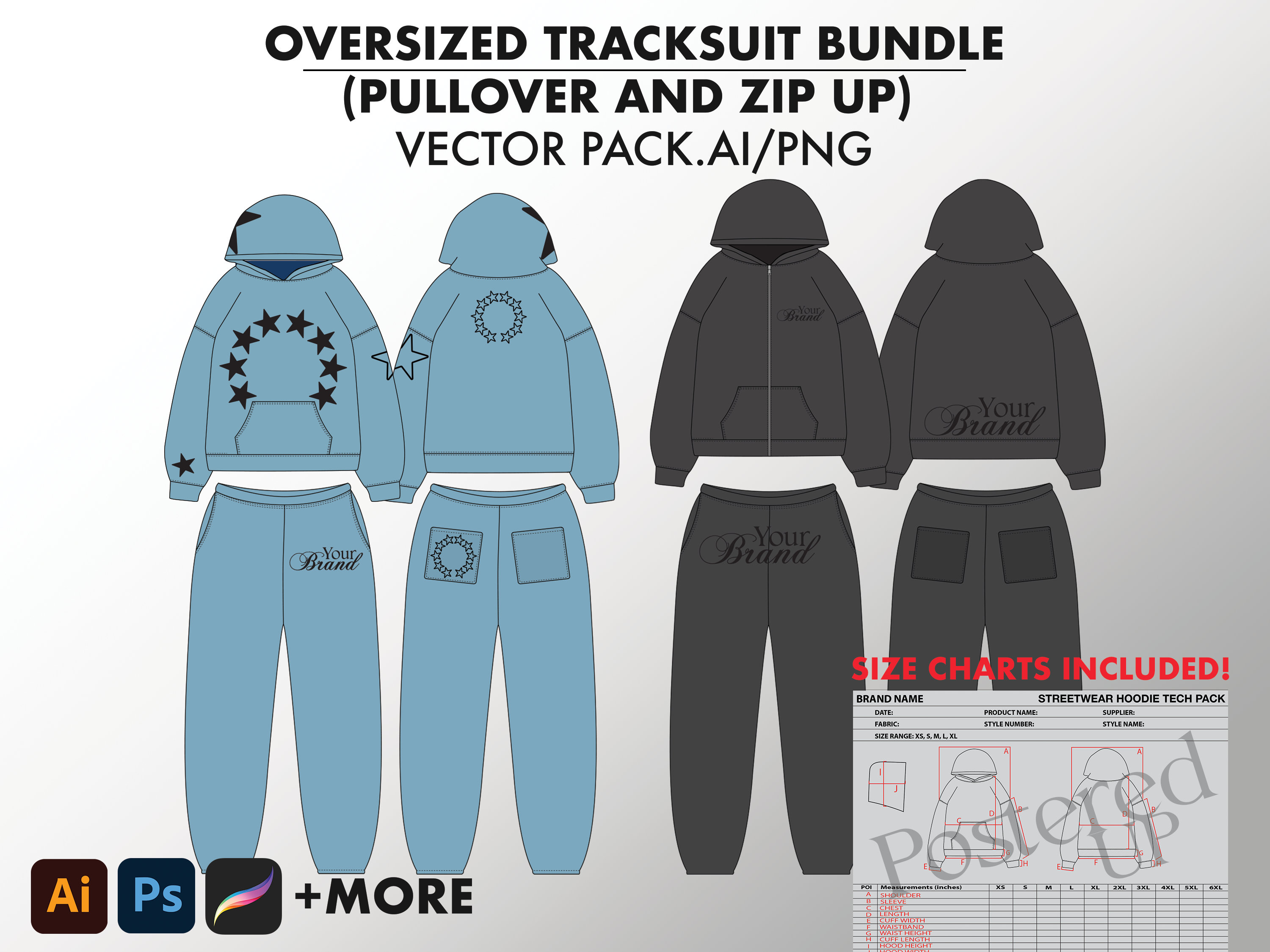 Streetwear Oversized Tracksuit Hoodie Template Joggers Vector Mockup  Illustrator Template Procreate Vector Tech Pack Clothing Mockups 