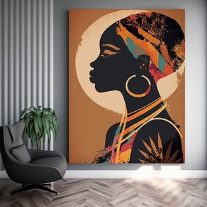 African Woman Portrait, Boho Wall Decor, Mid-Century Canvas Art, Black Woman Art, Black Woman Wall Decor with Scarf, Minimalist Woman Art