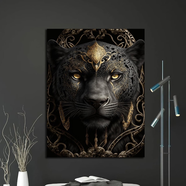 Metallic Canvas Effects, Jaguar Wall Art, Black Jaguar Wall Art, Modern Gold Canvas Art, Animals Wall Art, Gold embroidered Jaguar Wall Art