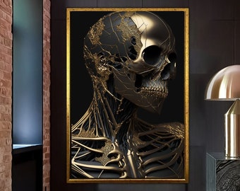 Gold Embroidered Human Skeleton, HD Canvas Print, Human Bones, Modern Canvas, Society Decor, Black Home Theme Decors