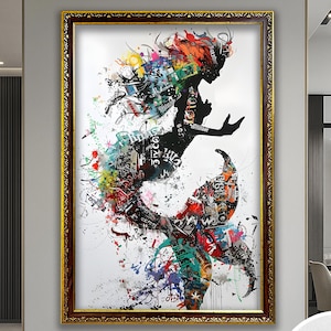 Magical Mermaid Art Banksy Wall Art Street Graffiti Art Mermaid Wall decor Gold Framed Art Fashion Wall Art Large wall Decor Banksy Artwork image 1