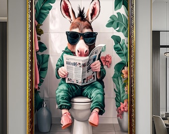 Funny Donkey Bathroom Wall Art Canvas Decor Cute Animal Reading Newspaper Humorous Toilet Canvas Framed Artwork Large Canvas Donkey Wall Art