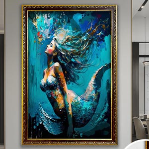 Mermaid Wall Art Canvas Decor Fantasy Mermaid Painting Framed Artwork Large Canvas Luxury Mermaid Canvas Underwater Wall Decor Modern Art