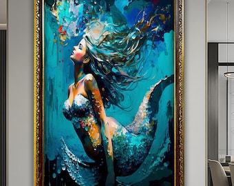 Mermaid Wall Art Canvas Decor Fantasy Mermaid Painting Framed Artwork Large Canvas Luxury Mermaid Canvas Underwater Wall Decor Modern Art