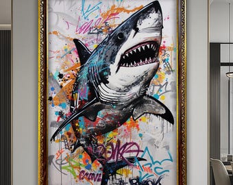 Shark Gift Banksy Canvas Fish Decor Banksy Decor Canvas Print Large wall decor Pop Culture Wall Art Gift İdea Wall Hangings Luxury wall art