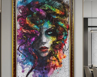 Arte mural de Medusa, arte mural de mitología griega, lienzo de mujer con cabeza de serpiente, arte mural colorido de Medusa, decoración de pared griega de Medusa, decoración de pared