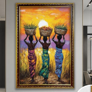 Afrikaanse vrouwen schilderen Afrikaanse muurkunst Afrikaanse cultuur decor zonsondergang Afrikaanse kunst ingelijste kunstwerken Afrocentrisch decor groot canvas etnisch decor