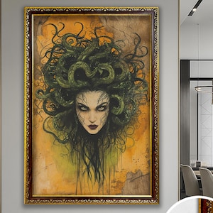 Obraz na płótnie z motywem Meduzy, dekoracja z mitologii greckiej, oprawiony obraz Gold & Brown Frame