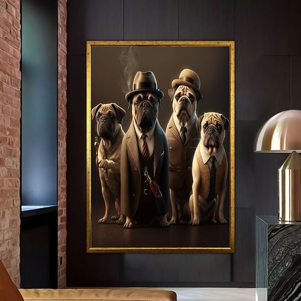 Dogs in suits, Gang Dogs, Bulldog Canvas Wall Decor, Dog Wall Painting, Gentleman Dogs Wall Art, Cute Friends Canvas Decor, Animal Wall Art
