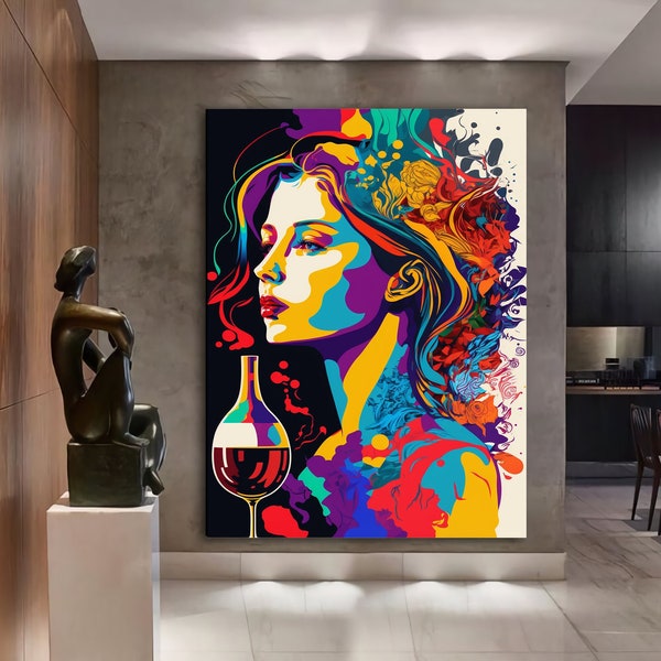 Wine and Woman Wall Decor, Beautiful Woman Decorating with Colorful Patterns, Wine Wall Art, Woman Wall Decor, Housewarming Gift, Minimalist