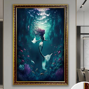 Meerjungfrau im Wasser, Fische und Meerjungfrau Leinwand Malerei, Meerjungfrau Leinwand Malerei, Sea Beauty Art, Blaue Leinwand Kunst, Einweihungsgeschenk, Home Geschenk